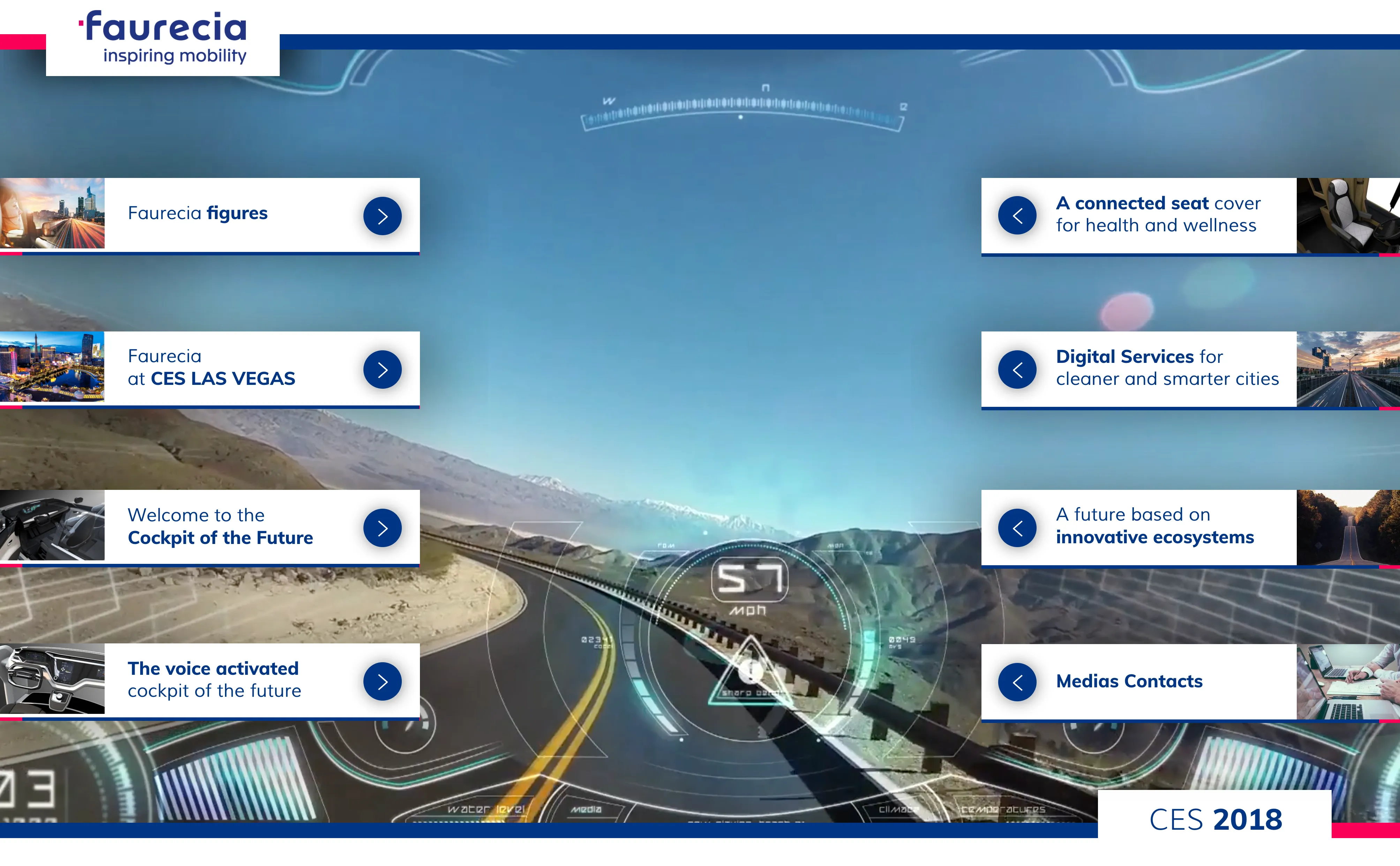 Faurecia touch interface for CES 2018 with an immersive navigation menu showcasing mobility innovations on a futuristic background