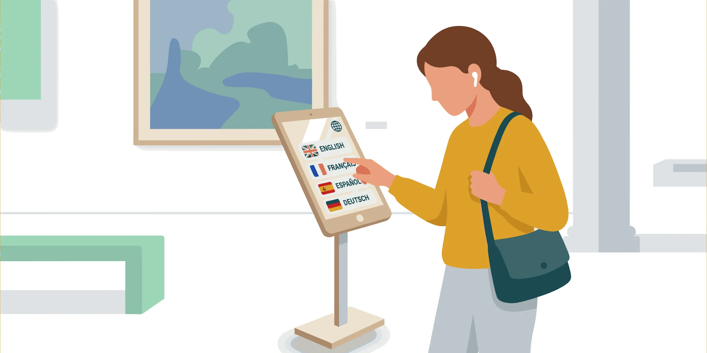 A visitor in a museum interacting with a multilingual kiosk in kiosk mode